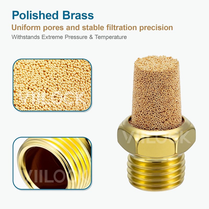 VIILOCK Brass Pneumatic Mufflers, 1/4" NPT Male Thread Hex Sintered Exhaust Muffler Silencer Air Fitting (Pack of 10, N2) - Image 3